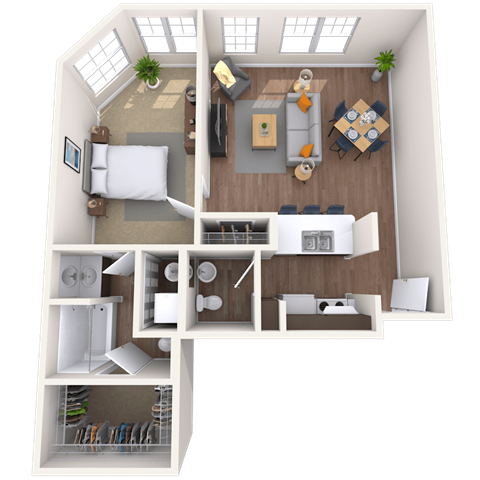 Floor plan for 1 bed, 1 bath, 935 sqft